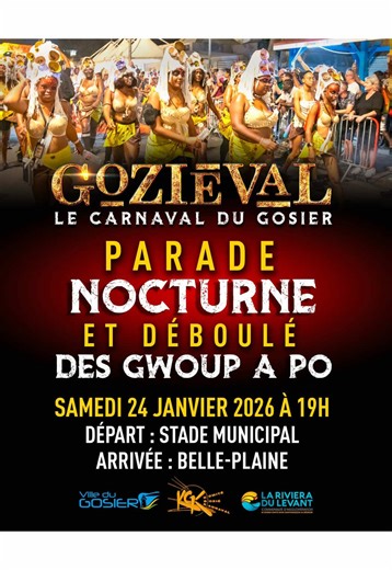 🔥🎭 GOZIÉVAL 2026 : CE SOIR, LE GOSIER ENTRE EN ÉBULLITION ! 🎭🔥 Ce samedi 24 janvier, les rues prennent vie. Parade nocturne & déboulé des gwoup a po. Viens avec ta famille, tes amis, ton énergie ! Le rendez-vous est donné, tu sais où être. #Gozieval #Gosier