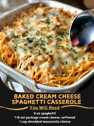 Baked 🌖 Cream Cheese Spaghetti Casserole is a comforting hug in a dish! 😍🍝🌿 Ingredients: - 8 oz spaghetti - 1 (8 oz) package cream cheese, softened - 1 cup shredded mozzarella cheese - 1/2 cup grated Parmesan cheese - 1/2 cup sour cream - 1/2 teaspoon garlic powder - 1/2 teaspoon Italian seasoning - 1/2 teaspoon salt - 1/4 teaspoon black pepper - 1 jar (24 oz) marinara sauce - 1 cup cooked ground beef or sausage (optional) - Fresh parsley for garnish (optional) ..... Full Recipe in Coʍmеոτ �