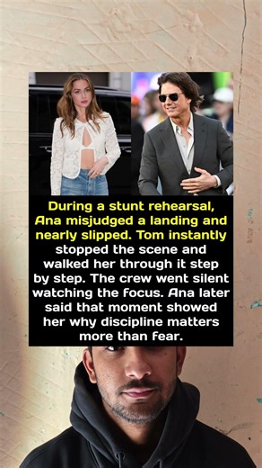 During a stunt rehearsal, Ana misjudged a landing and nearly slipped. Tom instantly stopped