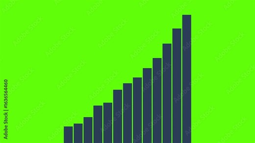 Chroma key animation of 12 ascending bar chart columns representing business growth and progress; perfect green screen visual for presentations, reports, and marketing videos
