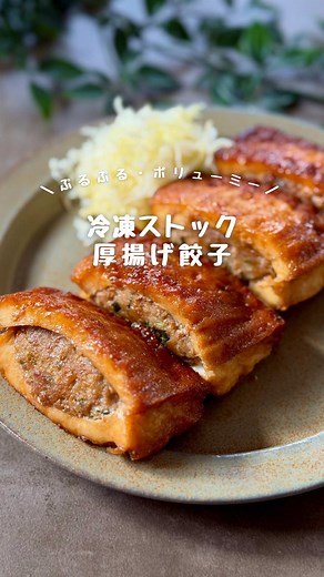 平日5日分の冷凍ストック🧊🍴 厚揚げ餃子の材料 ・豚ひき肉 400g ・キャベツ 200g ・ニラ 1/2束 ・生姜 小さじ1（すりおろし） ・にんにく 小さじ1/2（すりおろし） ・醤油 大さじ1と1/2 ・ごま油 大さじ1と1/2 ・酒 大さじ1 ・鶏ガラの素 小さじ1 ・甘味料 小さじ1/2 ・塩 ひとつまみ ・片栗粉 大さじ1と1/2 ・厚揚げ4パック point かなり分量が多いので大人二人分くらいで大丈夫な方は全て半量で大丈夫かと思います😊 煮込む時に使用する調味料【厚揚げ2パック分】 ・醤油 大さじ4 ・みりん 大さじ4 ・酒 大さじ2 ・甘味料 大さじ2 ・生姜 小さじ2 作り方🧊♡ ①厚揚げ以外の材料、調味料を全てジップロックに入れて揉み込む ②厚揚げを半分に切って、断面に切り込みをいれる ③ジップロックの先端をハサミで切って厚揚げの切り込みに①のタネを流し込む 適宜スプーンなどで整えて出来上がり 食べ方🍴♡ ①フライパンに油をひき、お肉の面を下にして弱火で焼く ②その後側面を焼き、水を入れて蒸し焼きにする（両面やりましょう） ③煮込む時のタレを最後に入れて