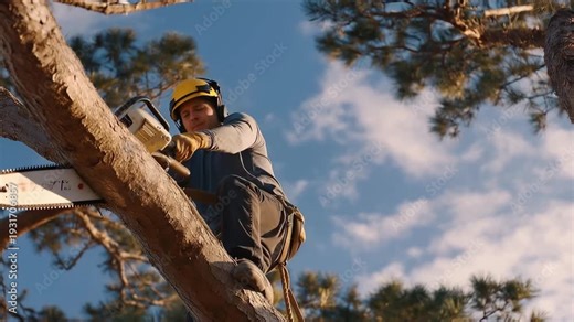 A tree service professional safely prunes branches while attached to a safety body harness, emphasizing the critical safety measures taken to protect workers during tree climbing and trimming