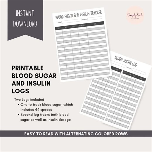 Blood Sugar and Insulin Log Printable Diabetic Tracker Sheets Instant Download Caregiver Glucose Log Type 1 Type 2 Diabetes T1D T2D - Etsy