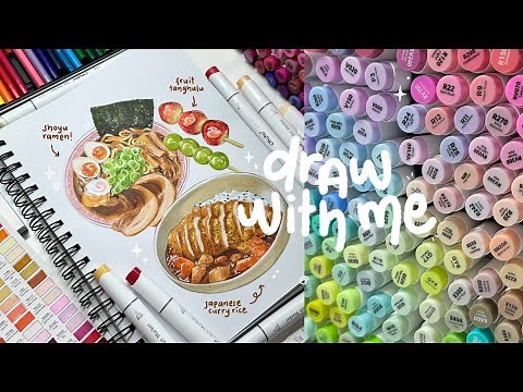 draw with me, japanese food illustrations🍱🍥🎏 using alcohol based marker and bleedproof marker pad📦