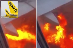 Spirit Airlines jet engine erupts in flames after hitting bird during take off
