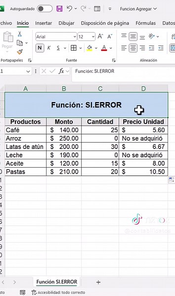 Función: SI.ERROR en Excel. Si deseas aprender más, visita mi Curso Disponible en el enlace de mi perfil. #excel #exceltips #datos #contabilidatos