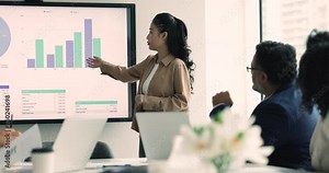 Company female boss, representative explain data information, make presentation of sales statistics using TV screen, give explanation of visual graphs, charts, tables display at meeting with investors