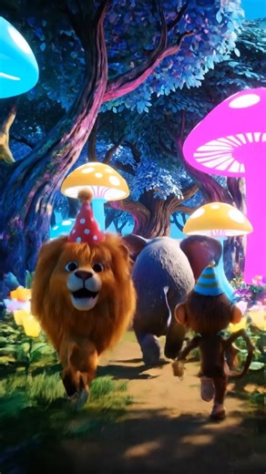 A cinematic 3D animation of a group of cute, anthropomorphic forest animals a lion, an el