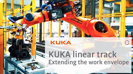 With KUKA linear units, you add a further axis to the robot, thereby considerably extending the work envelope of the robot. | KUKA