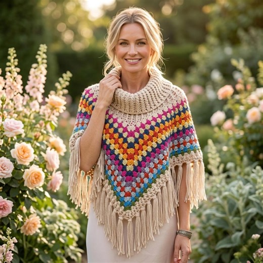 Chunky Crochet Cowl Neck Poncho Pattern | Granny Stripe Fringe Wrap (PDF Download) - Etsy