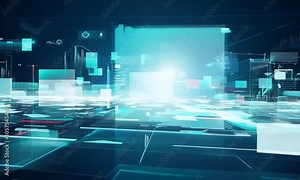Digital Horizon: An abstract digital landscape of glowing turquoise and white squares, lines, and data, creating a futuristic and dynamic composition.