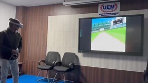 Virtual reality cricket, developed by students of the University of Engineering & Management (UEM), Jaipur. The player wearing the Oculus Headset, is able to see the ball being delivered to him, and plays accordingly in the virtual world. His view is available to see in the projector for us. Tomorrow, our alumni members are coming to the University for Convocation. We have arranged a virtual reality cricket match for them, day after tomorrow. #TopRankedUniversity #uemian #uem #UEMJaipur | Univer