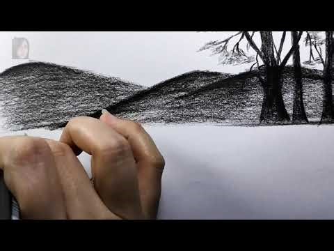 Charcoal Landscape Drawing/Peaceful Nature Scene Sketch | Relaxing Pencil Art Tutorial for Beginners