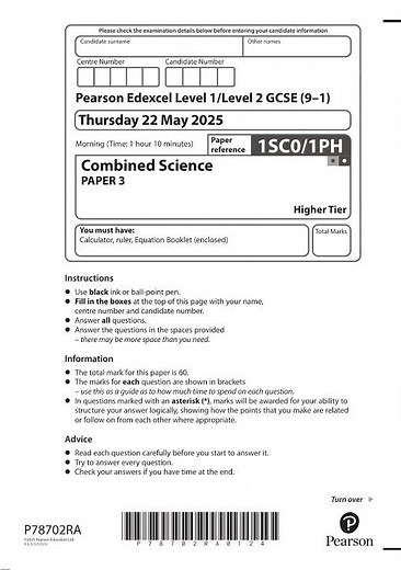 Pearson EDEXCEL GCSE Combined Science Physics Paper 1 Higher Tier 2025