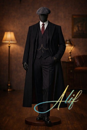 Black Pinstriped Set With Overcoat | Tailored Peaky Blinders Inspired Outfit Men - Etsy