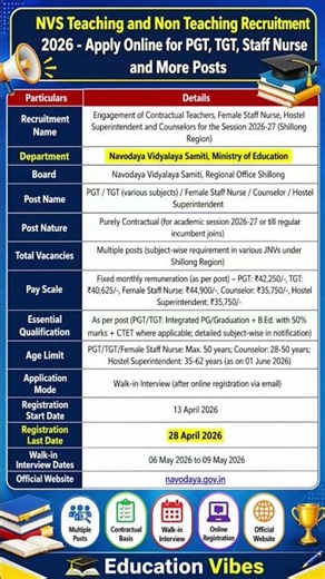 NVS भर्ती 2026 🔥 PGT, TGT, Nurse | Walk-in Interview #nvsvacancy #examupdate #jobalert