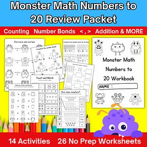Kindergarten End of Year Review Numbers to 20 Packet Summer Math Worksheets