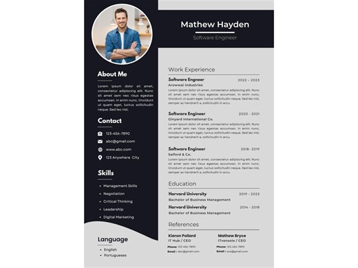 Black Resume Template With Photo | Software Engineer CV Canva | Two Column Resume | IT Tech Professional Resume | Instant Download - Etsy