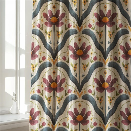 Vintage Folk Floral Linen Curtains, Scandinavian Vintage Floral Drapes, Cottagecore Linen Window Panels, Boho Botanical Curtains - Etsy