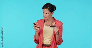 Woman, credit card and smartphone, confused with online shopping and bank app error with payment. Female customer, e commerce mistake and question internet banking, fintech glitch on blue background