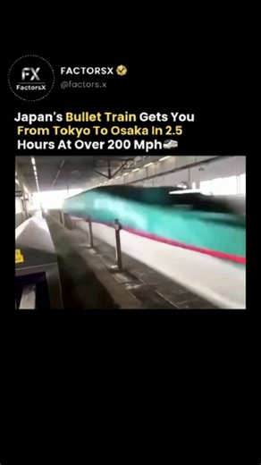 FactorsX on Instagram: "It's one of the fastest and most precise transportation systems ever built. Japan's Shinkansen bullet train connects Tokyo and Osaka in just 2.5 hours, reaching speeds of more than 200 miles per hour with astonishing accuracy and safety. The train's speed comes from a combination of aerodynamic design, electric propulsion, and dedicated rail systems built specifically for high-speed travel. Its elongated nose reduces air resistance and tunnel pressure, while powerful moto