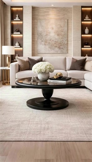 Livingroom Round Black Marble Table Round black marble table adding luxury and elegance to modern living rooms. #BlackMarbleTable #RoundMarbleTable #LuxuryInterior #LivingRoomDesign
