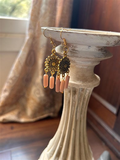 Artisan-made Dangling Earrings With Gold Piece Attached to Long Mauve Beads. - Etsy