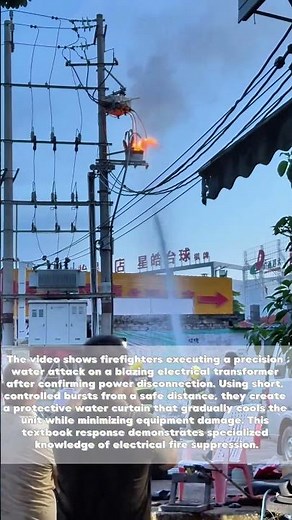 Electrical Inferno: Firefighters' Calculated Water Attack on Burning Transformer