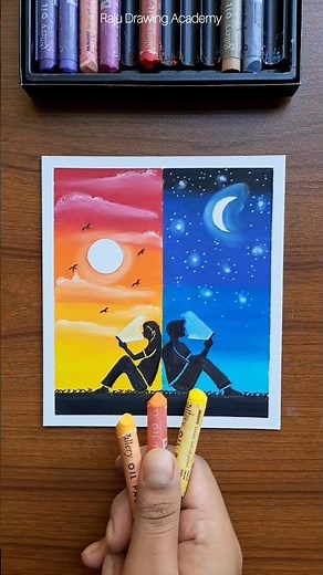 🌞🌙 Day and Night Couple Drawing | Easy & Beautiful Oil Pastel Art #art #oilpastel