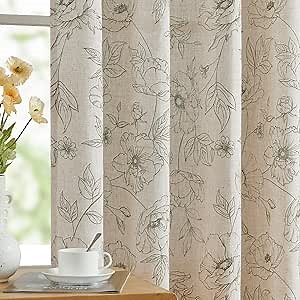 jinchan Floral Linen Curtains for Living Room 84 Inch Length Green Flower Curtain Rod Pocket Back Tab Farmhouse Curtains with Printed Floral Bedroom Window Curtain Set, 2 Panels Green