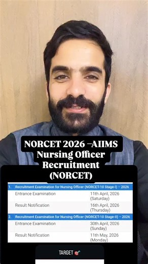 Raju Ram Vishnoi on Instagram: "“🎯 Target set hai… NORCET-10, 2026! AIIMS Nursing Officer banne ka sapna… ab sirf sapna nahi, plan chahiye! 📅 11 April 2026 – NORCET-10 Stage-I Exam 📊 16 April 2026 – Result Clear kiya? 📅 30 April 2026 – Stage-II Exam 📢 11 May 2026 – Final Result Time kam hai… competition tough hai… par selection possible hai! 💪 Roz thoda-thoda padho, consistency rakho, aur yaad rakho— 🔥 जितना कठिन संघर्ष होगा, जीत उतनी ही शानदार होगी! This is your time… NORCET-10 is waitin