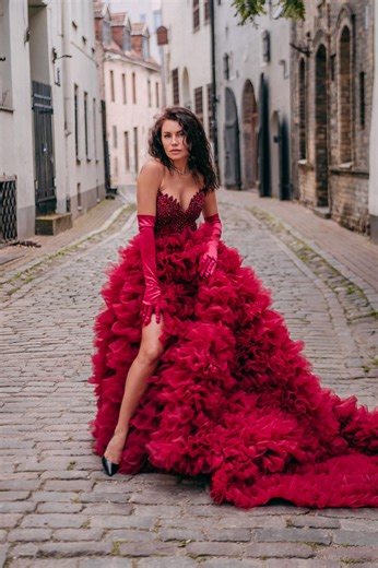 Dark Red Tulle Ball Gown, Prom Dresses, Valentines Clothing, Masquerade Ball Gown, Corset Gala Dress, Couture Gown With Embellished Bodice - Etsy