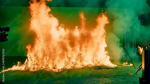 Intense fire demonstration in a controlled studio setting showcasing safety techniques and cinematic techniques