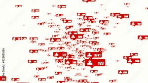 Red social media symbols of followers flying forward. Rising numbers of likes, comments and shares. Followers like the post, positive emotions.