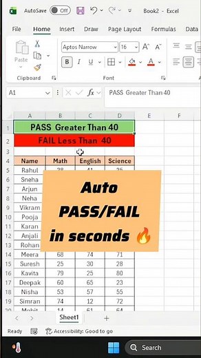 Pass or Fail? Let Excel decide instantly 🔥#ExcelTips #ConditionalFormatting