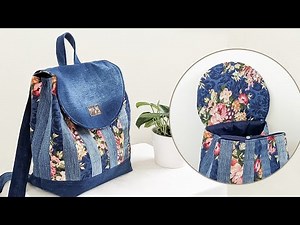 DIY Sweet No Zipper Flap Over Floral and Denim Patchwork Backpack Out of Old Jeans | Bag Tutorial