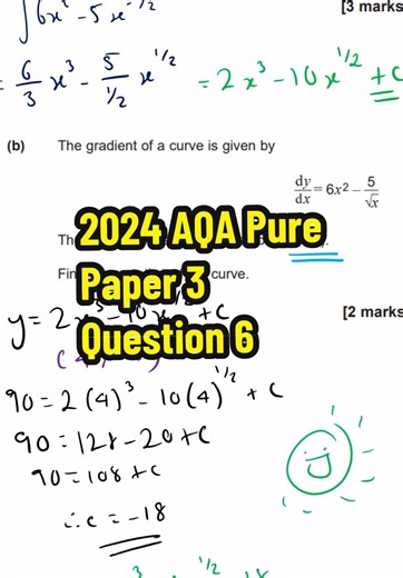 A-Level Maths AQA 2024 Pure (Paper 3) Question 6 🔥 Integration 🧮 #alevelmaths #calculus #gradient #mathsrevision #pastpapers Maths walkthroughs & revision from a Tutor 👨‍🏫 ✨