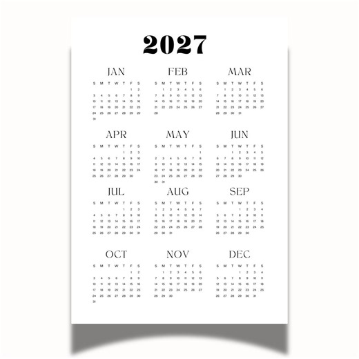 2027 Printable Calendar Minimalist, One Page Yearly Wall Calendar, A4 A3 US Letter Planner, Monday or Sunday Start, Instant Download - Etsy