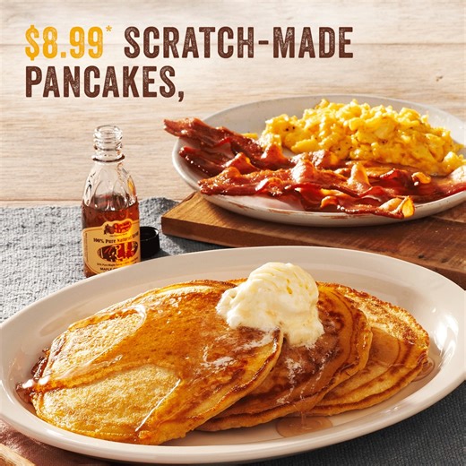 Pick up Momma’s Pancake Breakfast® for just $8.99* and bring home our light, fluffy pancakes any time of day. Comes with eggs and bacon or sausage. *Prices may vary by location. | Cracker Barrel Old Country Store