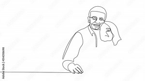 Continuous one line drawing senior couple. Elderly people hug together. Old people in love. Man and woman on the path of life. Caring for each other. Relaxation time. Stay home. 4k footage