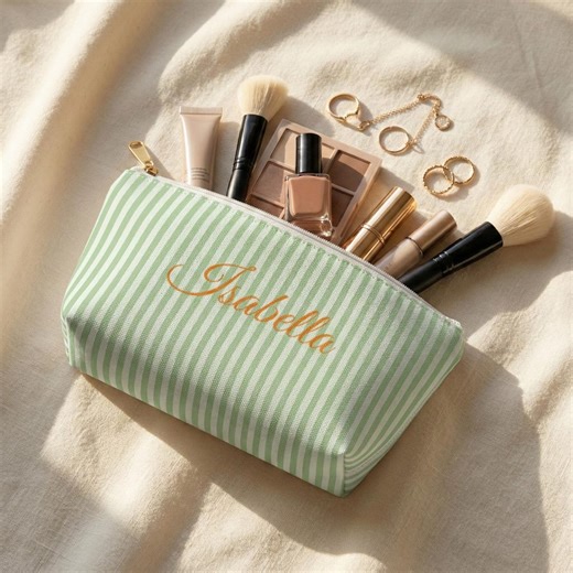 Personalized Makeup Bag: Monogram Toiletry Organizer for Women - Custom Accessory With Zipper - Pastel Stripes - Etsy