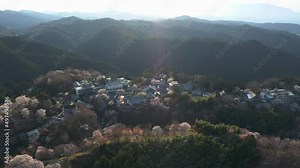 Yoshino, Nara Japan. Aerial Pan in Early Spring, Sakura on Mountain