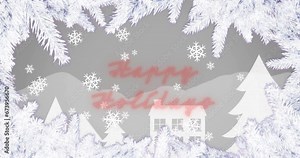 Animation of branches around snowflakes, snow covered trees and houses against mountains