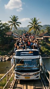 An overcrowded bus with passengers even on the roof dares to cross a fragile bamboo bridge. The structure can’t hold the weight, the bridge collapses and the bus flips into the river. . ⚠️ Disclaimer: This is an AI-generated simulation, not real footage. It’s a reminder that overloading is dangerous and can cause accidents. . #unik #aneh #semuaorang #jangkauansemuaorang #jangkauan #viralindonesia #fypreel #fypindonesia #jangkauanluas #AI . | Artha Restu