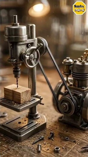Mini Engine Powers a Tiny Drill Press! 🔥 Precision in Micro Scale. #woodworking