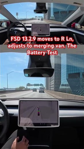 FSD 13.2.9 moves to R Ln, adjusts to merging van. The Battery Test #teslafsd #fsdbeta #fsd