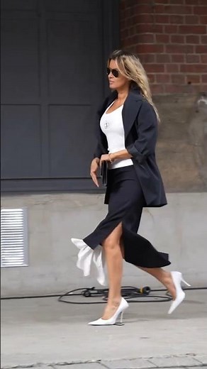 Black Midi Skirt With White Layer Peeking Out, Oversized Blazer And White Stilettos #streetstyle