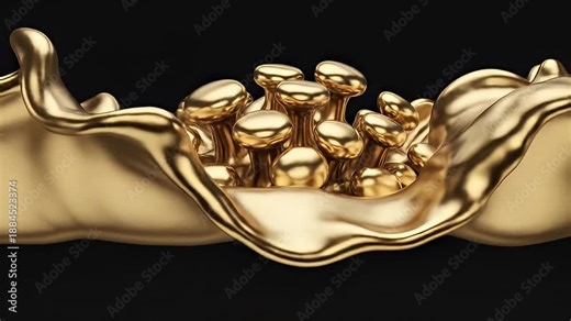 This captivating abstract animation showcases a luxurious, molten gold substance dynamically transforming against a deep black background. The metallic liquid undulates and flows, creating intricate p