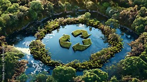 video of An abstract icon depicting an ecological message to recycle and reuse, designed as a pond with a recycling symbol at its center, set against the backdrop of a pristine, untouched jungle