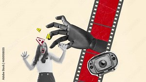 Stop motion, animation. Young woman screaming in fear while watching horror movie. The hand of death. Unreal. Concept of October holiday, Halloween, creative design, traditions, surrealism